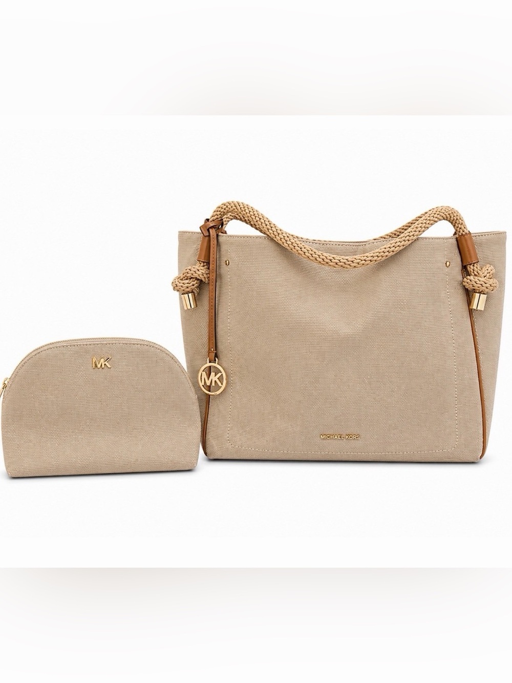 Michael Kors Neutral Beige Canvas Tote with Matching Pouch